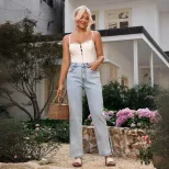 Casual Straight Leg Denim Jeans High Split Design European and American Style Comfortable Fit Wh