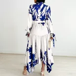 Plus Size Womens Dress Elegant Floral Print Irregular Hem Lapel Collar Casual or Formal Occasion