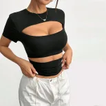 Summer Womens T Shirt Short Sleeve Hollow Out Y2K Style Solid Color Casual Wear for Everyday Use