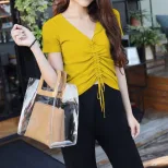 Womens V Neck Knitted T Shirt Short Sleeve Slim Fit Solid Color Summer Casual Wear