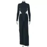 Womens Bodycon Dress Solid Color Ruffled Hem High Neck Long Sleeve Stylish for Office Wear or Ca
