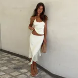 Womens Spring Set Sexy Backless U Neck Tank Top Elegant Solid Color Midi Skirt Casual or Evening