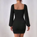 Ruffled Bodycon Dress with Square Neckline and Long Puff Sleeves in Black for Women Wholesale Ready to Ship