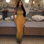 Color Block Gradient Ruched Bodycon Dress Elegant Long Silhouette Round Neck Slim Fit Perfect fo
