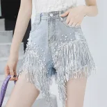 2023夏新款网红同款短裤女潮高腰重工带钻流苏牛仔短裤女阔腿热裤