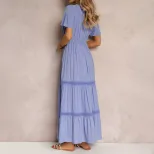 Elegant V Neck Ruffle Sleeve Dress Solid Color Lace Trim Chic Design Perfect for Parties or Casu
