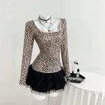 Leopard Print Long Sleeve T Shirt Slim Fit Square Neck Trendy Design Casual Wear for Women Ready