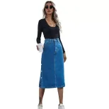 High Waisted Denim Skirt Button Detail Split Design Fashionable Style Perfect for Casual Outings Wholesale Avail