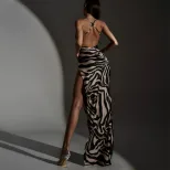 Summer Fashion Tiger Print Backless Mesh Spliced Maxi Dress High Slit Casual Beachwear Wholesale