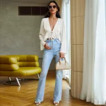 Womens Sexy Tie Front Cardigan T Shirt Short Length V Neck Loose Fit Long Sleeve Spring Summer F