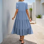 Summer A Line Midi Dress Solid Color Stand Collar Short Sleeve Casual Wear for Women Wholesale A