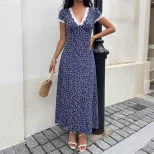 Floral Print Lace Trimmed V Neck Short Sleeve Dress Sweet Vacation Style Ideal for Summer Events