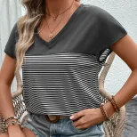 Casual Striped T Shirt V Neck Short Sleeve Summer Style Womens Fashion Top Wholesale Available
