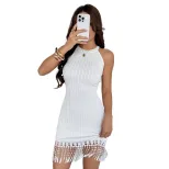 French Vintage White Knitted Dress Sleeveless Bodycon Tassel Detail Casual Summer Wear Wholesale