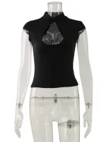 Womens Short Sleeve T Shirt Elegant Solid Color Keyhole Neckline Slim Fit Casual or Formal Wear