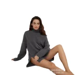 Loose Fit Turtleneck Sweater Solid Color Knitted Split Hem Autumn Winter Womens Fashion Wholesal