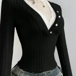 Lace Panel Long Sleeve Dress Deep V Neck Slim Fit Textured Fabric Elegant Evening Wear Ready to