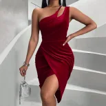 Velvet Bodycon Dress Slim Fit One Shoulder Sexy Design Evening Wear Party Dress Wholesale Availa