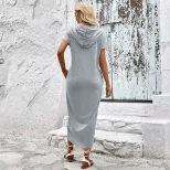 Summer Womens Long Hooded T Shirt Dress in Gray Casual Fit Short Sleeve Lightweight Fabric