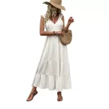 Sleeveless V Neck White Dress Simple Design Beach Vacation Style Lightweight Fabric Wholesale Av