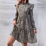 Elegant Leopard Print Dress Ruffle Detail Long Sleeve Fashionable Style Perfect for Parties and