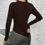 Womens Long Sleeve T Shirt Asymmetrical Neckline Slim Fit Solid Color Knitted Fabric Fall Winter