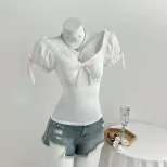 Summer Womens Short Sleeve T Shirt Bow Tie Detail Bubble Sleeve Soft Fabric Casual Wear Ready to