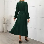 Elegant Long Sleeve Pleated Dress in Dark Green and Navy Blue for Autumn Office Wear Wholesale Low MOQ