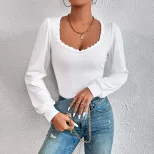 Womens V Neck Puff Sleeve T Shirt Slim Fit Lace Trim Fashionable Versatile Spring Summer Style W
