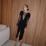 Elegant V Neck Lace Panel Bodycon Dress Chic Split Design Luxurious Feel Perfect for Autumn and