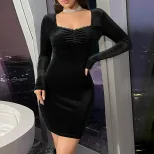 Velvet Bodycon Dress Square Neck Long Sleeve Waist Cinching Sexy Style Autumn Winter Fashion Who