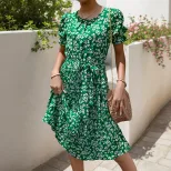 Summer Floral Print Pleated Dress Fresh Design Round Neck Tie Waist Casual Wear for Women OEM Av