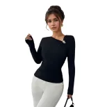 Asymmetrical Neck Long Sleeve Blouse Pleated Design Slim Fit Elegant Style Perfect for Spring an