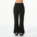 Womens Black Flared Trousers Elastic Waist Side Pockets Casual Style Perfect for Spring and Autu