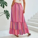 Bohemian Striped Print Skirt Summer Vacation Style Drawstring Tassel Details Lightweight Fabric