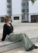 工装阔腿牛仔裤女2023春秋新款高腰大码胖MM宽松显瘦百搭直长裤