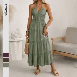 Casual Vacation Style Halter Neck Maxi Dress Solid Color Layered Design Flowy Silhouette Perfect