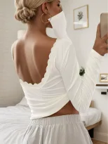 Lace Panel Long Sleeve Top Sexy Slim Fit Backless Design Ribbed Texture Perfect for Parties and