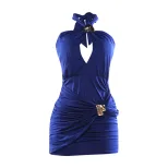 Womens Bodycon Dress Stylish Halter Neck Metal Buckle Solid Color Pleated Design Perfect for Fal