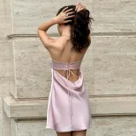 Off Shoulder Satin Mini Dress Solid Color Backless Spring Chic and Elegant for Parties Wholesale