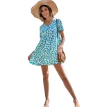 High Waist V Neck Floral Print Puff Sleeve Dress Casual Vacation Style Available in Multiple Siz