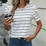 Striped Puff Sleeve T Shirt Summer Fashion Casual Style Comfortable Fabric Wholesale Available