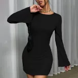 Womens Long Sleeve Bodycon Dress Sexy Backless Round Neck Flared Sleeve Perfect for Parties and