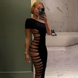 Sleeveless Bodycon Dress Fashionable Solid Color Hollow Out Design Asymmetrical Shoulder Spring