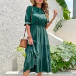 Elegant Vintage Short Sleeve Dress with Bow Detail in Dark Green and Red for Summer Wholesale ready to ship