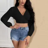 V Neck Long Sleeve T Shirt Sexy Backless Design Versatile Short Style Autumn Winter Womens Fashi