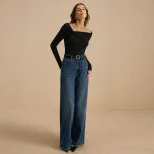 Womens Long Sleeve T Shirt Slim Fit Asymmetrical Neckline Ruffled Design Spring Fall Fashion Top