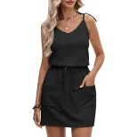 V Neck Split Tie Waist Dress for Women Slim Fit Black Summer Style Low MOQ private label