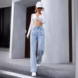 High Waisted Straight Leg Denim Pants Pocket Design Casual Style Womens Fashion Wholesale Availa
