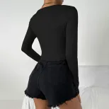 V Neck Long Sleeve T Shirt Slim Fit Minimalist Design Spring Summer Style Womens Casual Wear Who